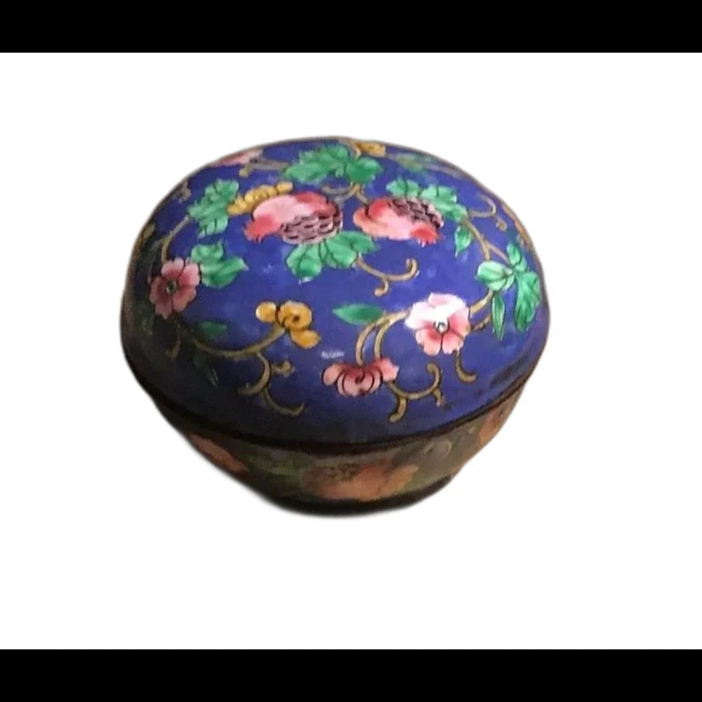 VTG Chinese Cloisonné Blue Floral Trinket Box Enamel Round Lidded Jewelry Jar